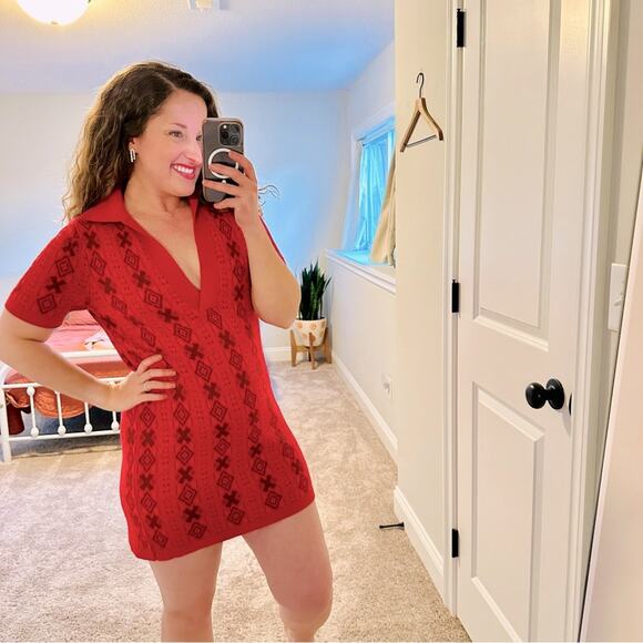 Free People Red Pink Aztec Knit Intarsia Sweater Small - Picture 1 of 13